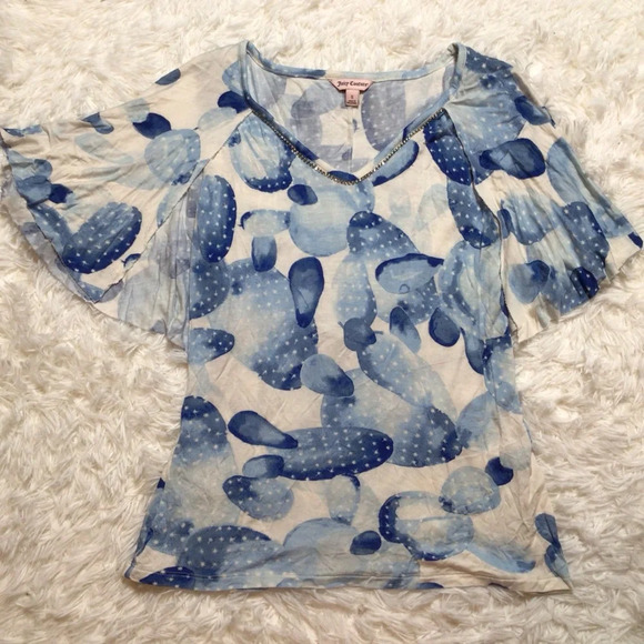 Juicy Couture Y2K Cape Top Blue Watercolor Floral Sequin Bedazzle Glam Small M - Picture 2 of 9